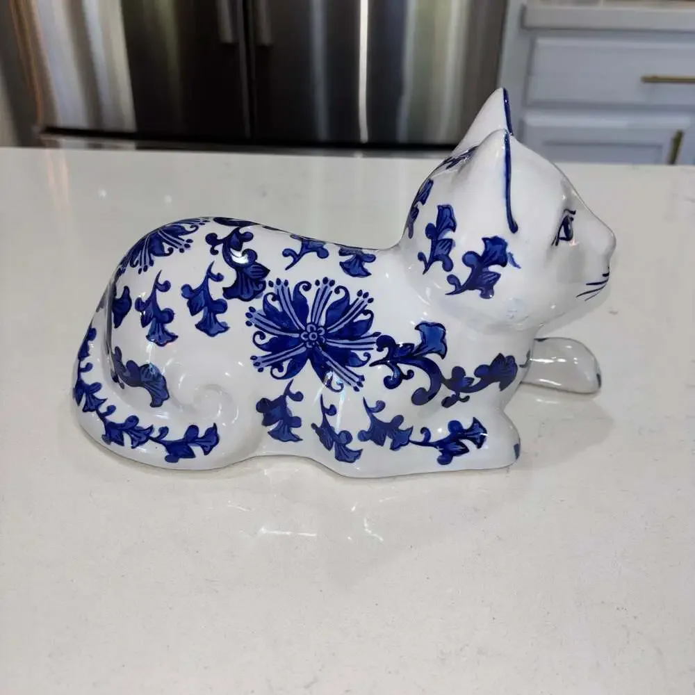Vintage Blue and White Porcelain Chinoiserie Cat Figurine